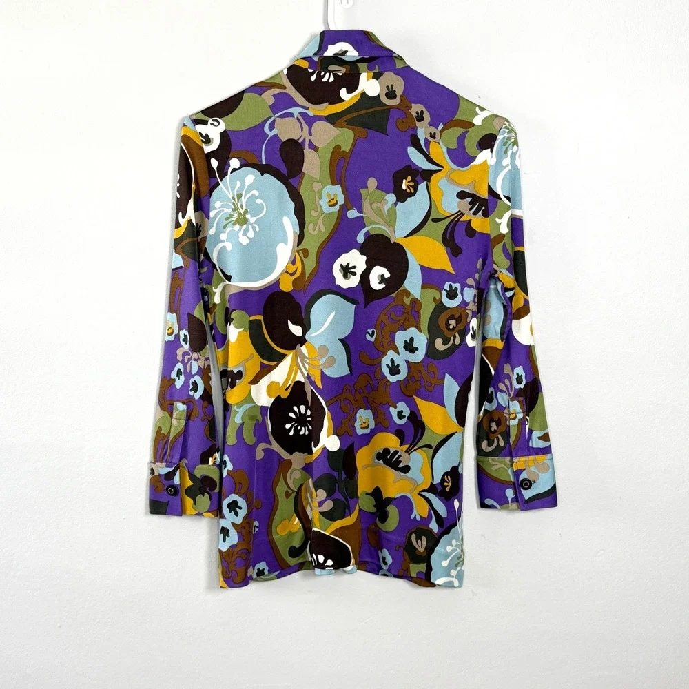 Tory Burch Silk Blouse Women XS Purple Bold Retro Mod‎ Floral Long Sleeve Top